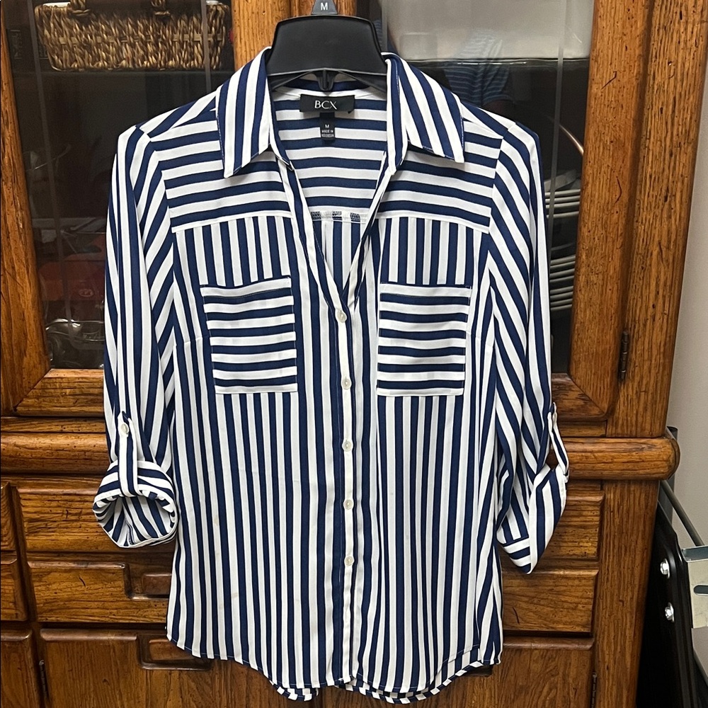 BCX Navy and White Striped Blouse